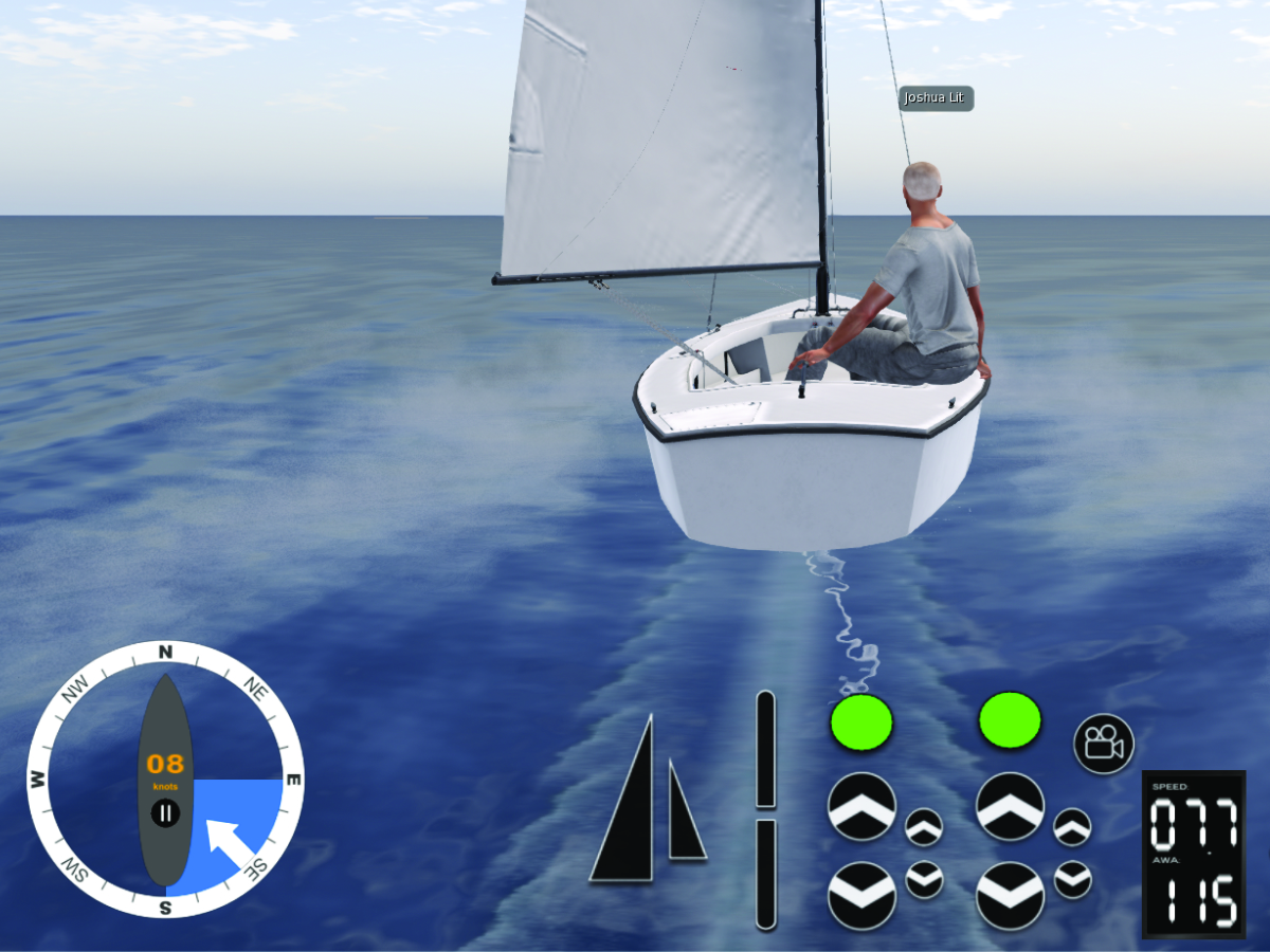 WindSock HUD showing wind from SE, boat heading N — pointy end clear of the blue no-go wedge, sails full, sailing at 8 knots.