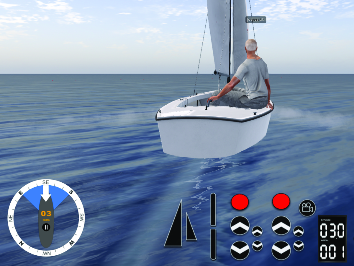 WindSock HUD showing wind from SE, boat heading SE — pointy end pointing into the blue no-go wedge, sails luffing, in irons.